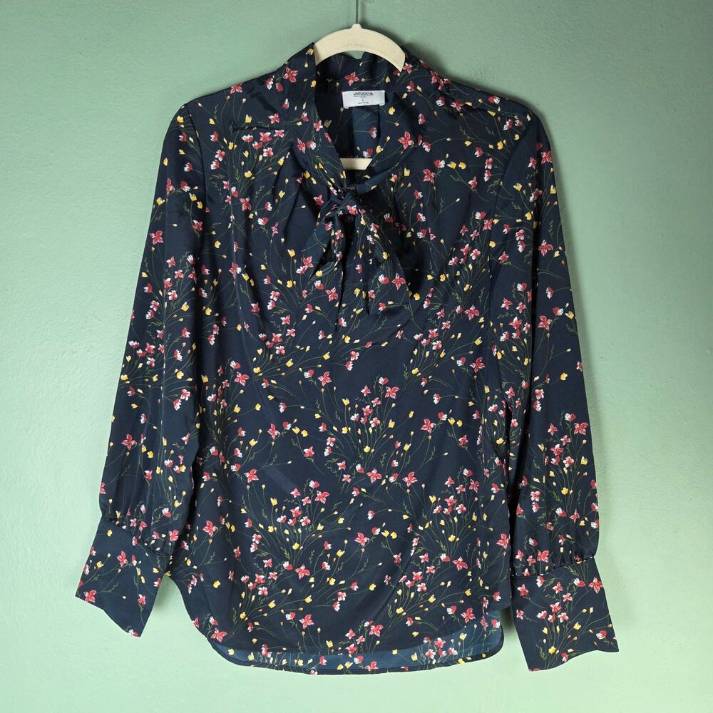UNTUCKit Womens Lynn Multicolor Floral Tie Neck Blouse Navy Long Sleeve Large